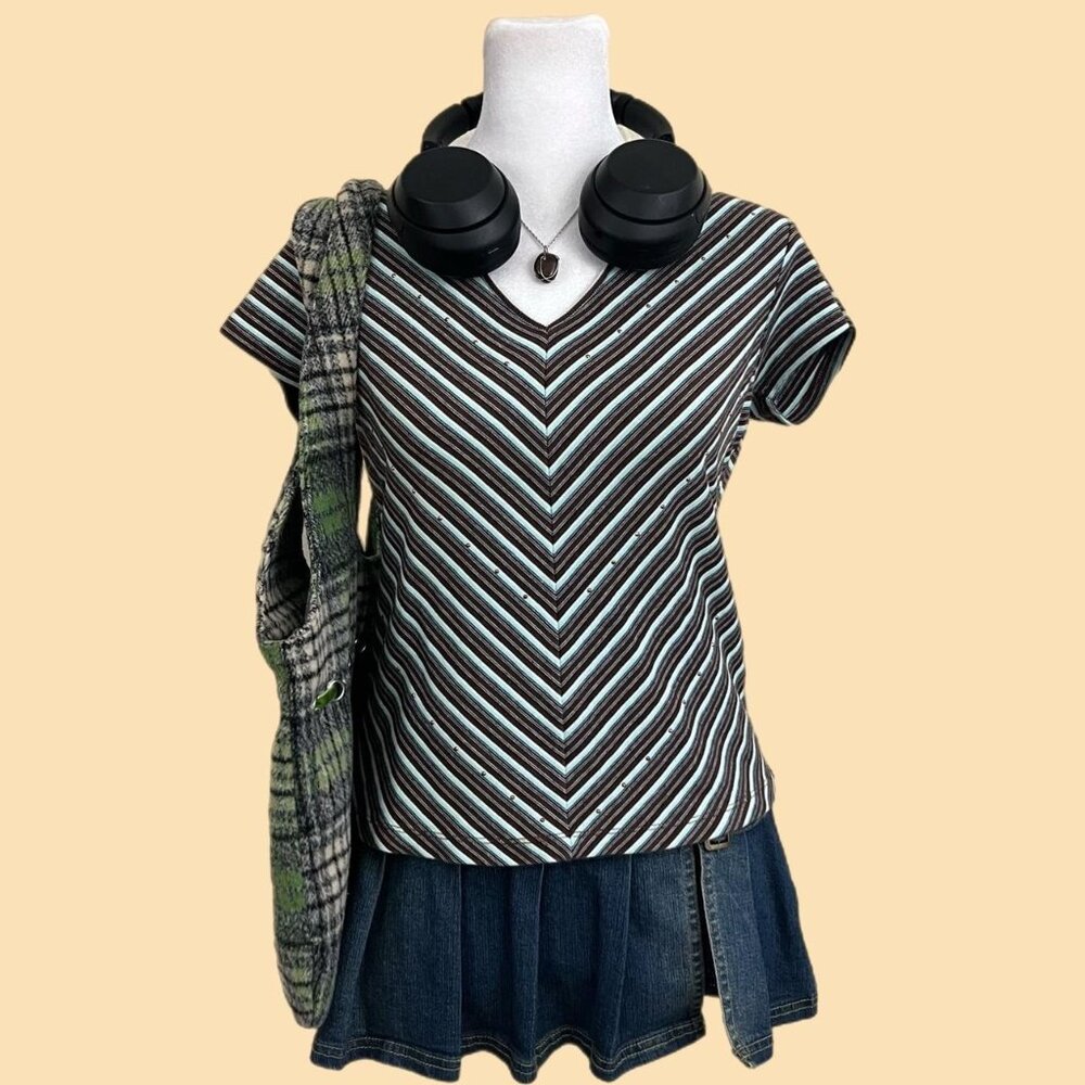 vintage 90s brown  blue striped girly boho granola knit shirt with rhinestones